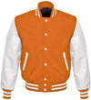 Orange and white varsity jacket on a white background
