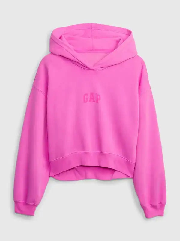 Front view of a bright pink cropped pullover hoodie