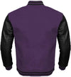 Purple varsity jacket with black leather sleeves on a white background