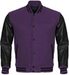 Purple varsity jacket with black leather sleeves on a white background