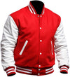 Red and white varsity jacket on a white background