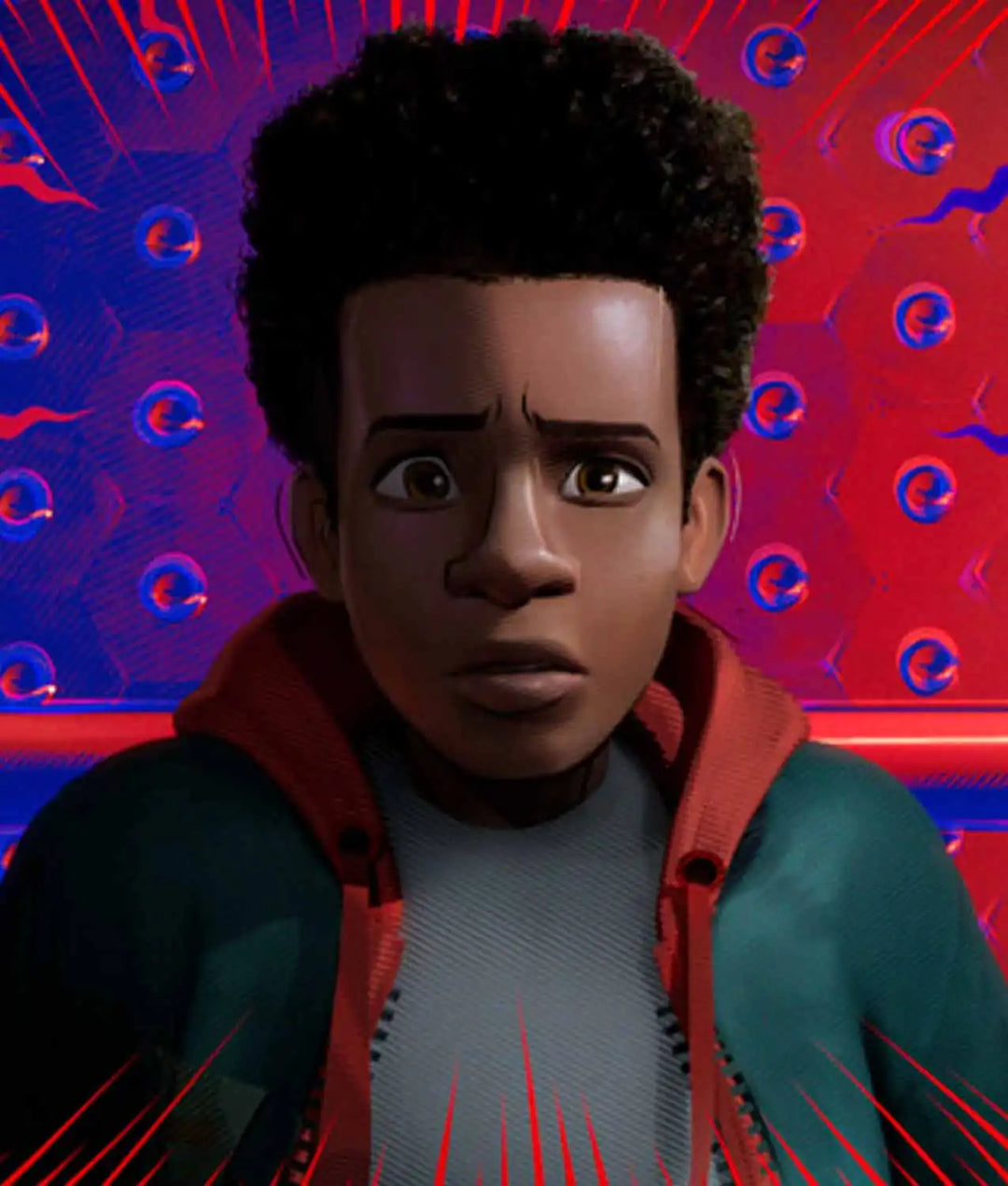 Closeup animated face of Miles Morales from Spider-Verse wearing a red hoodie