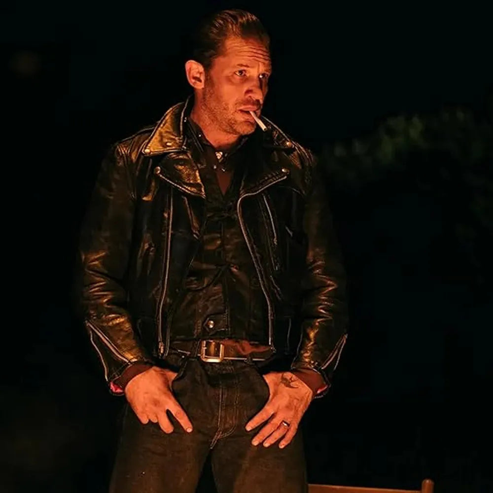 Tom hardy wearing a chicago vandals bikers in the movie The Bikeriders