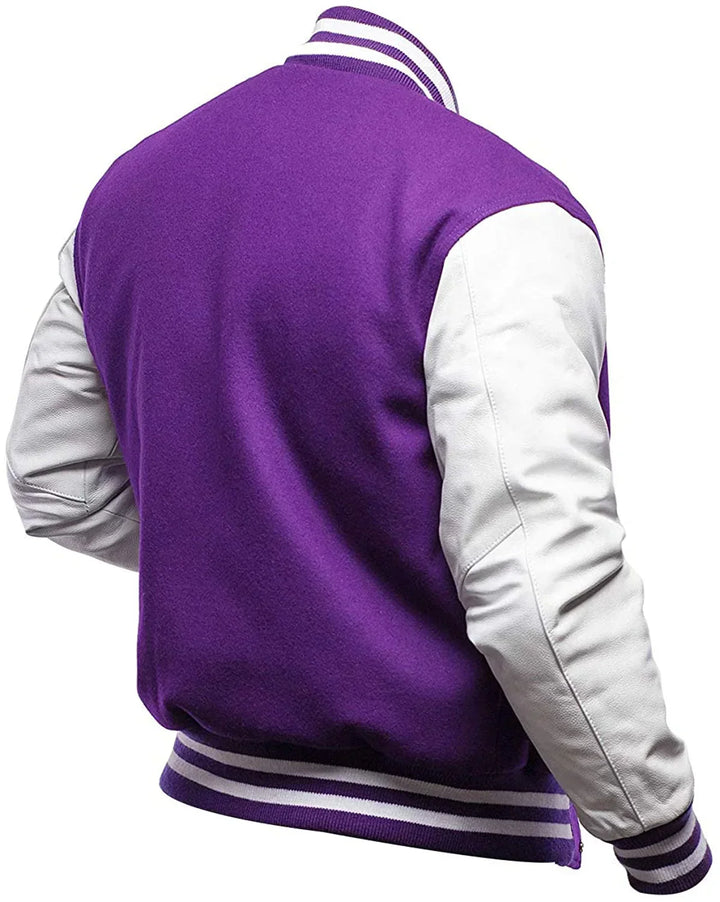 Purple varsity jacket with white sleeves on a white background